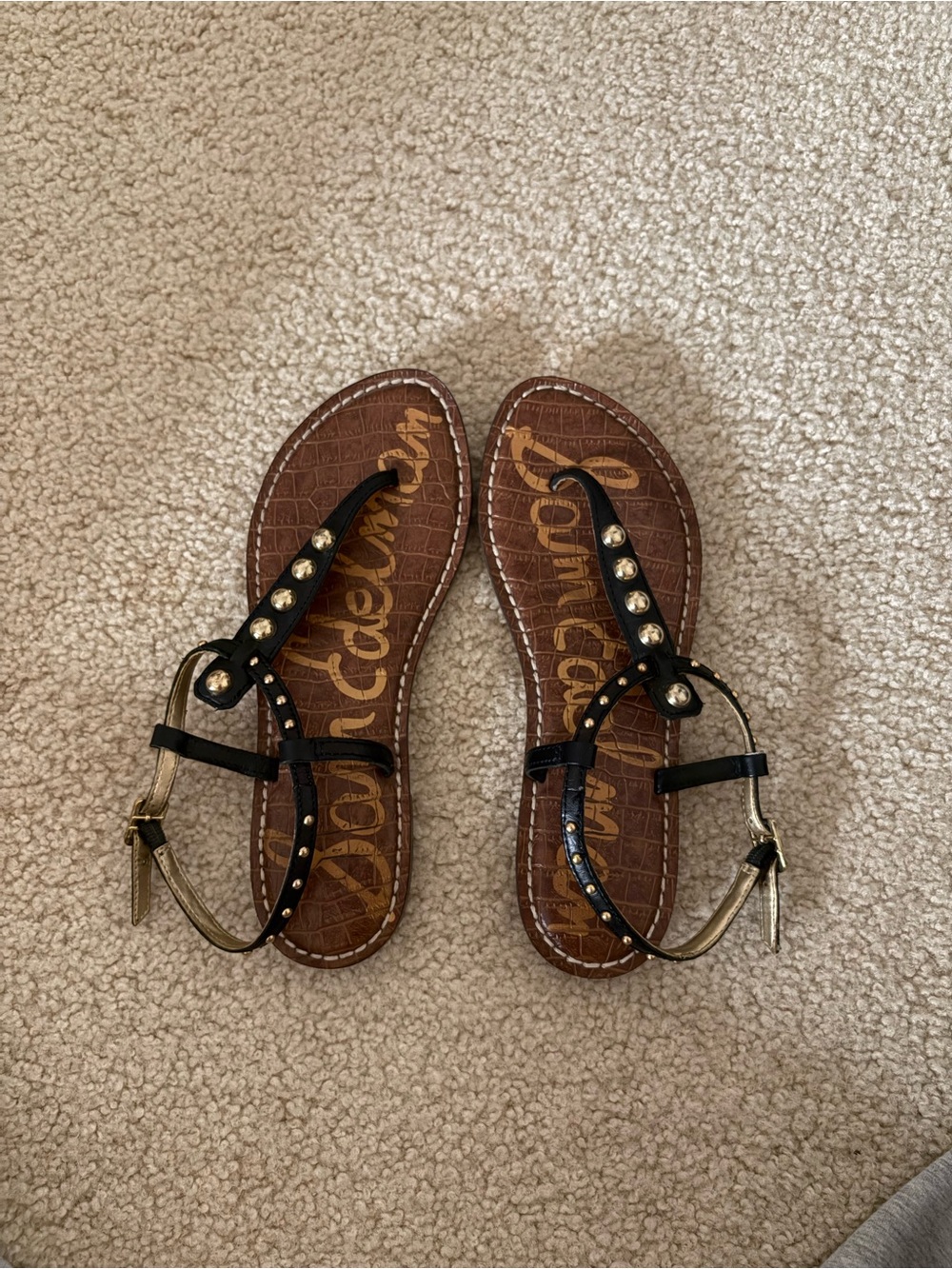 Sam Edelman Black and Gold Studded T-Strap Sandals